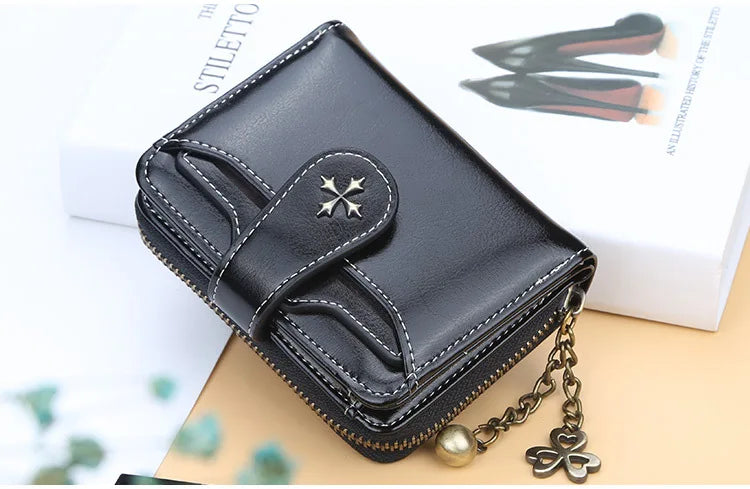 Portefeuille Femme Court Cuir PU Noir - Porte-Monnaie Hasp avec Porte-Cartes et Compartiment Pièces