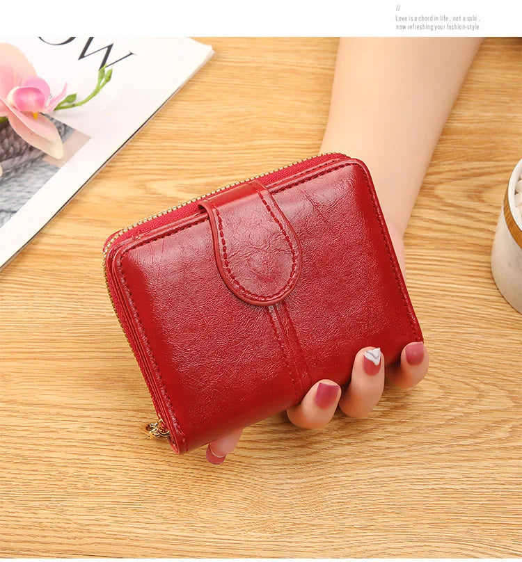 Portefeuille Femme Cuir Bifold Court Rose - Wallet Porte-Cartes Zipper Coin Pouch