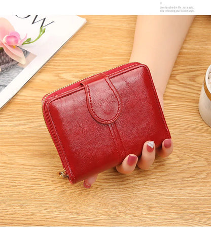 Portefeuille Femme Cuir Bifold Court Rose - Wallet Porte-Cartes Zipper Coin Pouch