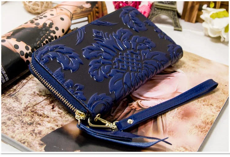 Portefeuille Femme Cuir Véritable Vintage Floral - Grande Capacité Clutch Pochette en Cuir de Vache
