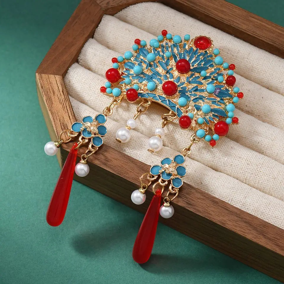 Broche Tiare Mariée Style Chinois - Ornement Luxe Pendants Couleurs Mixées