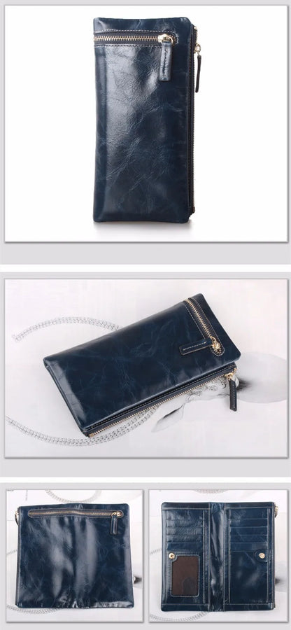 Portefeuille Femme Cuir Véritable Long - Porte-Monnaie Luxe Huile Végétale Casual