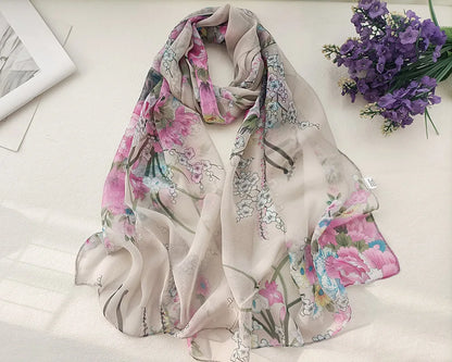 Foulard Écharpe Mousseline Georgette Femme Fleur Prune - Bandana Été Léger Respirant