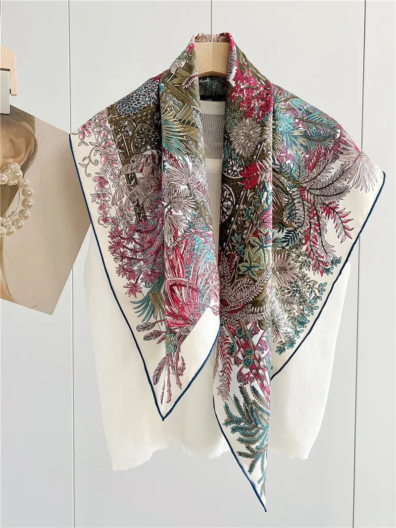 Foulard Carré Soie 100% Pure 90cm Neckerchief Femme - Châle Bandana Luxe Rose Vert