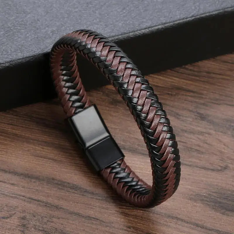 Bracelet Cuir Tressé Main Homme – Boucle Magnétique Classique Cadeau Couple