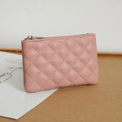 Porte-Monnaie Femme Mini Cuir PU Fermeture Éclair - Pochette Cartes Motif Carreaux Blanc