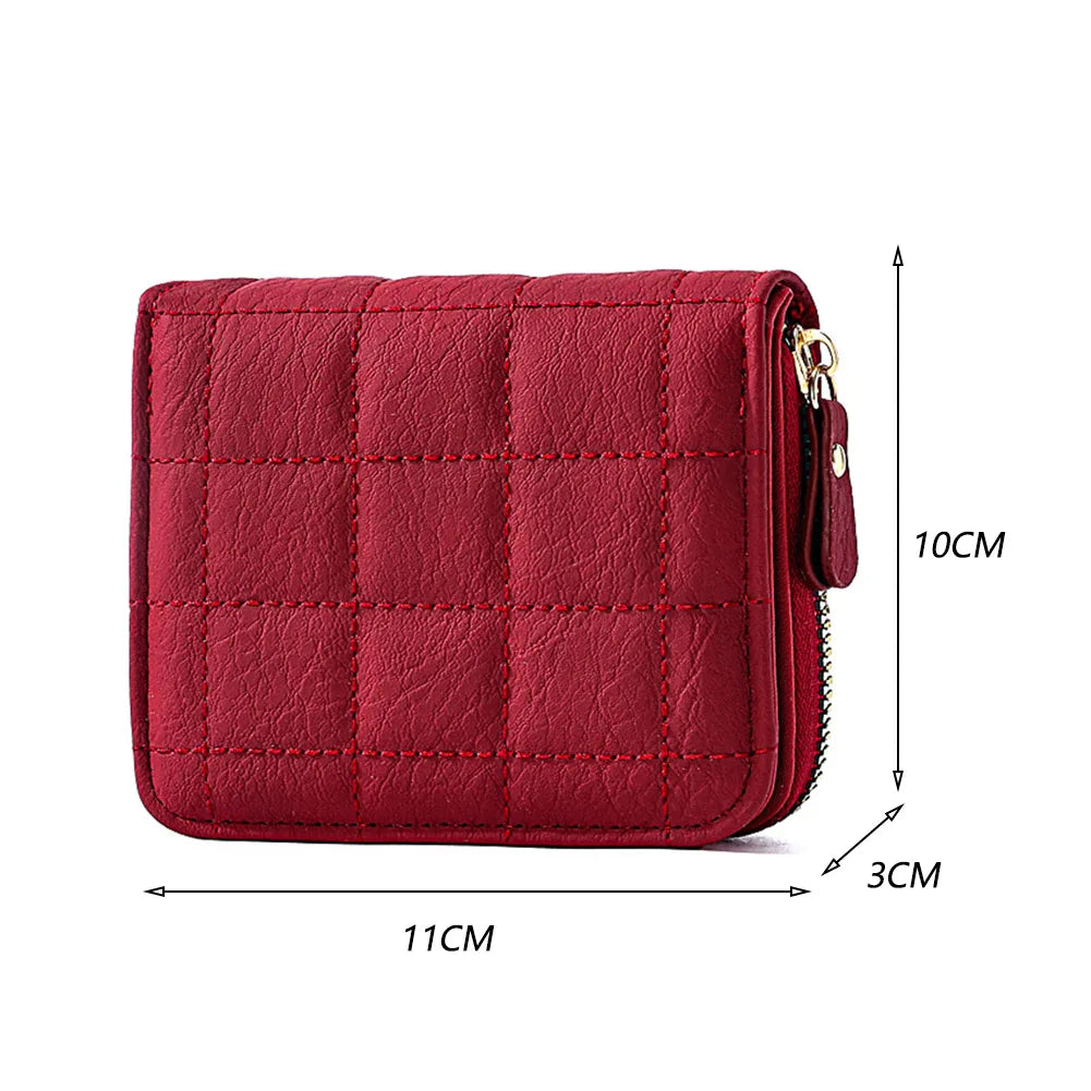 Portefeuille Femme Court Cuir PU Carreaux Zippé - Porte-Carte Monnaie Compact Fashion Noir