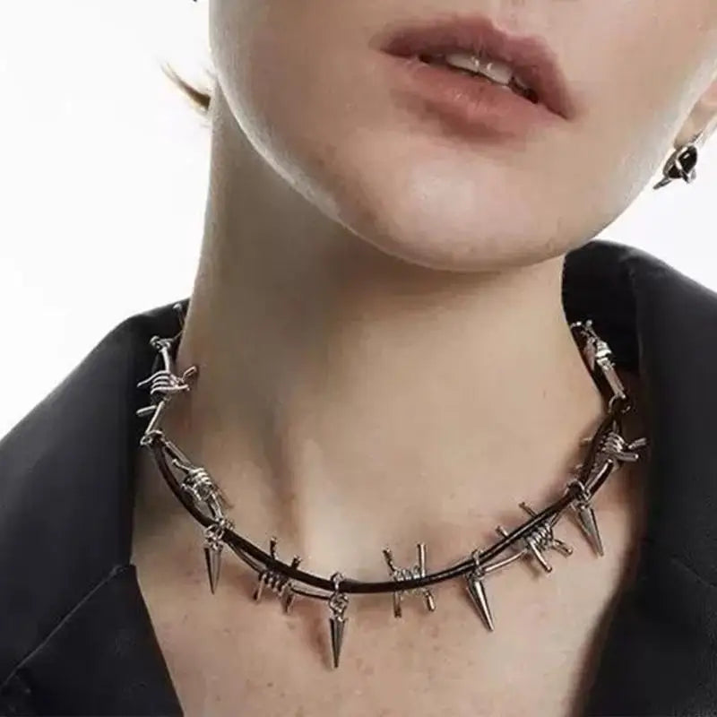 Set Collier Bracelet Fil Barbelé Punk – Ajustable Gothique Unisexe
