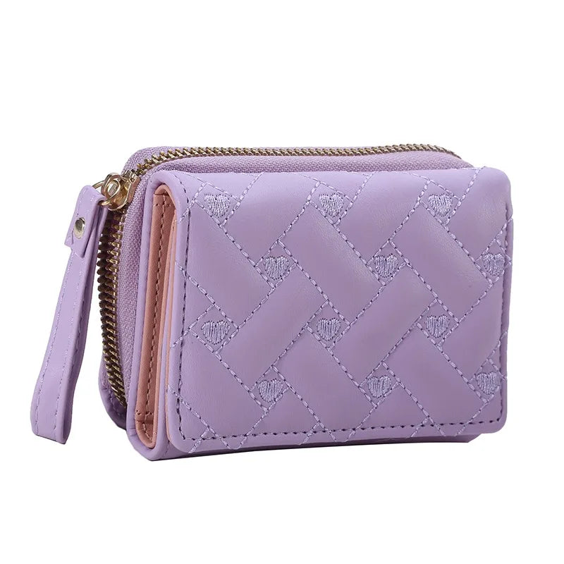 Portefeuille Femme Tri-Fold Cuir PU Brodé - Porte-Cartes Court Motif Cœur Minimaliste