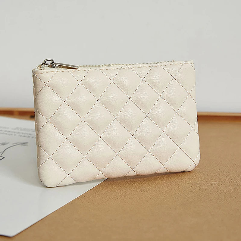 Portefeuille Femme Mini Cuir PU Zippé Imprimé Lattice - Porte-Monnaie Slim Porte-Carte Business Blanc