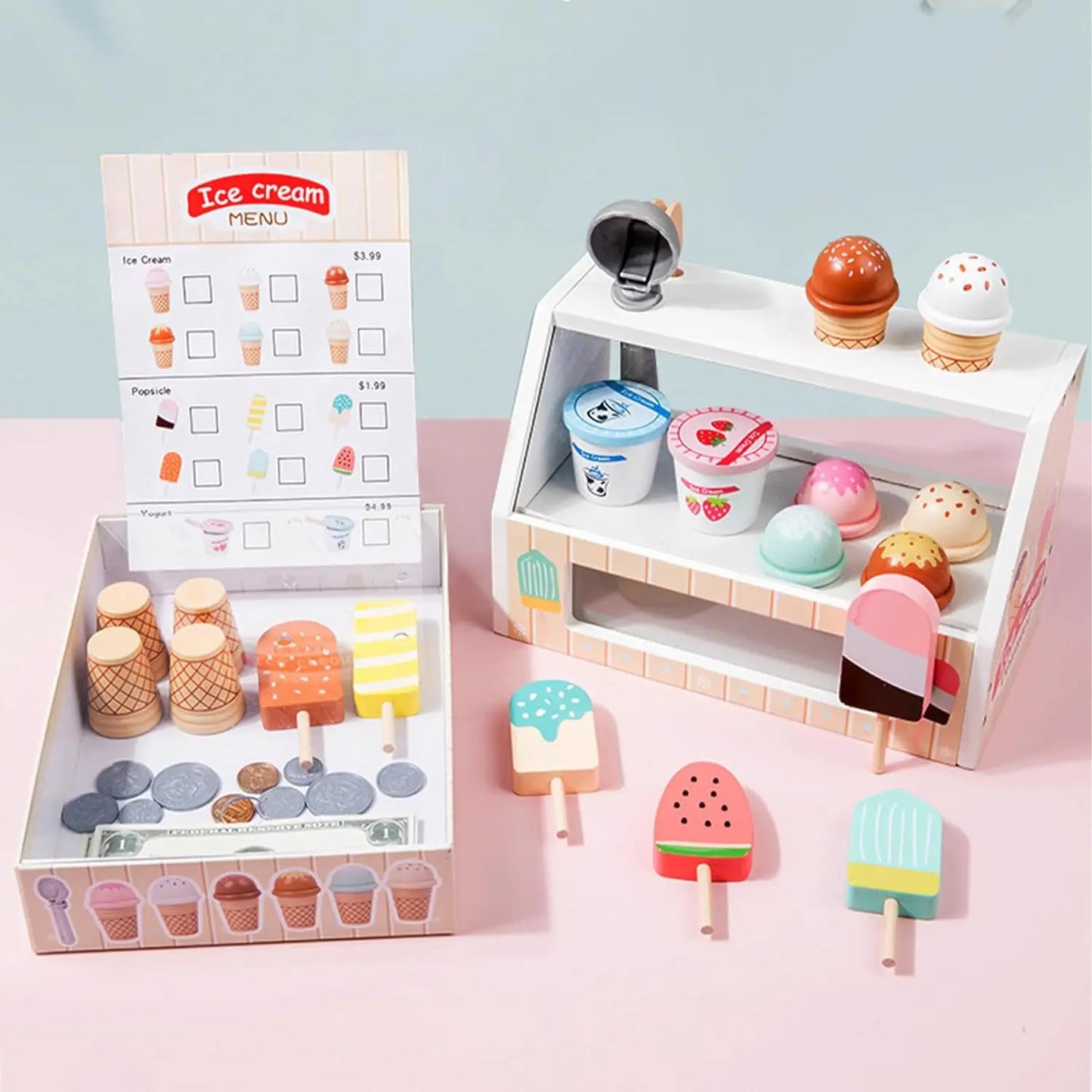 Comptoir de Crème Glacée en Bois - Jouet Montessori 40+ Pièces avec Monnaie pour Enfants 3-6 Ans