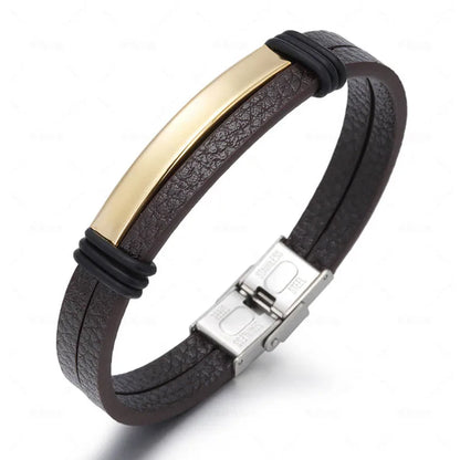 Bracelet Enroulé en Cuir pour Homme avec Charm en Acier Inoxydable