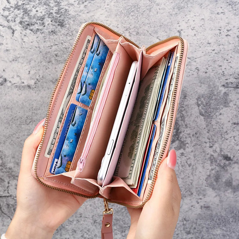 Portefeuille Femme Cuir Long Zippé - Grande Capacité Multifonction avec Compartiment Téléphone