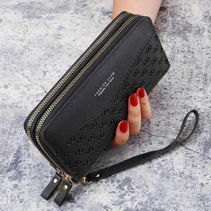 Portefeuille Femme Cuir PU Pompon - Porte-Monnaie Double Fermeture Éclair