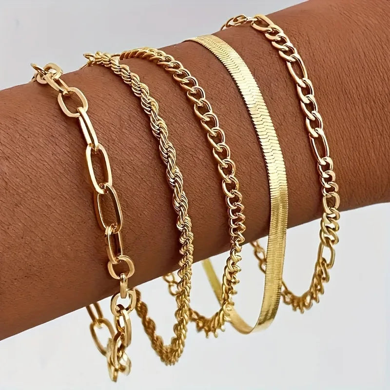 Set de 5 Bracelets Chaînes Minimalistes Bohèmes - Multi-Rangs Géométriques