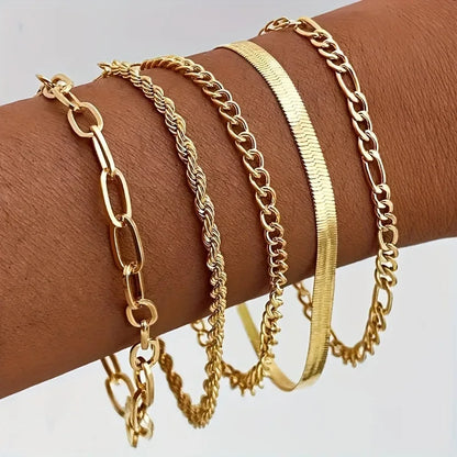 Set de 5 Bracelets Chaînes Minimalistes Bohèmes - Multi-Rangs Géométriques