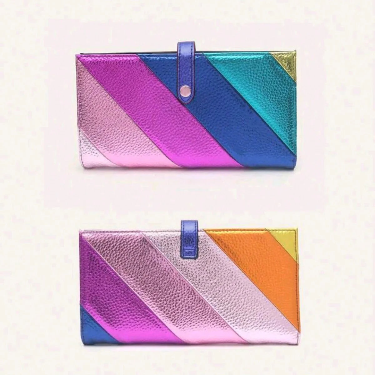Portefeuille Long Femme Cuir PU Rayures Colorées - Bifold Fermeture Éclair Porte-Cartes