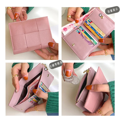 Portefeuille Femme Cuir Tressé - Porte-Monnaie Bifold Multi-Cartes Compact