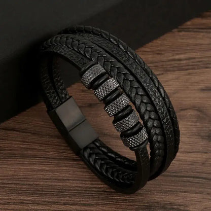 Bracelet en Cuir Tissé Main Multi-Couches pour Homme - Combinaison Classique Punk