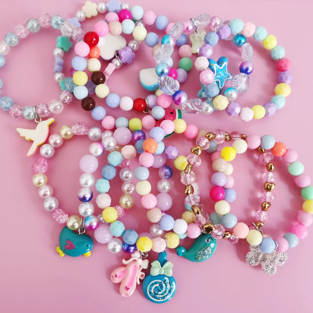 Ensemble 5 Bracelets Perles Licorne Cartoon Cœur Étoile – Élastique Candy Coloré Filles