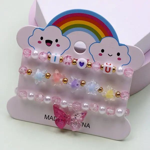 Ensemble 3 Bracelets Perles Cartoon Mignons Enfants – Princesse Licorne Fruits Chat Filles