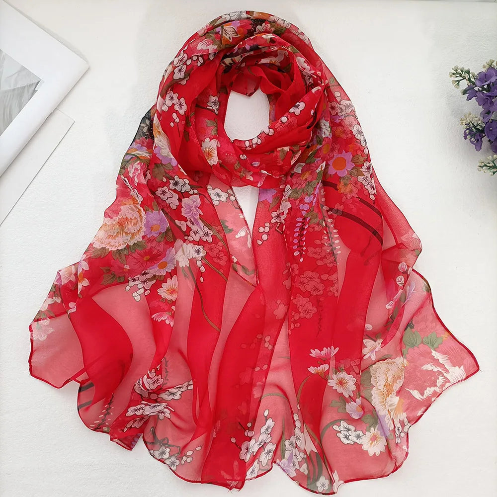 Foulard Écharpe Mousseline Georgette Femme Fleur Prune - Bandana Été Léger Respirant
