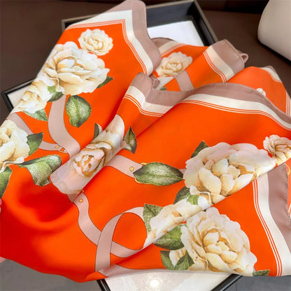 Foulard Carré Soie 70cm Imprimé Rose Femme - Écharpe Printemps Été Headscarf Bandana