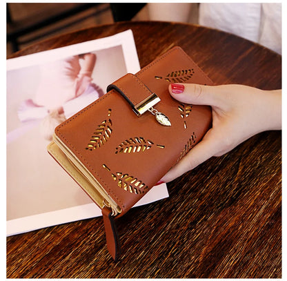 Portefeuille Long Femme Cuir PU Feuilles Dorées - Clutch Porte-Cartes Monnaie Élégant