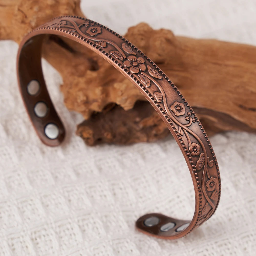 Set Bracelet & Bague Fleur Cuivre Ancien Magnétique – Bijou Couple Vintage Ajustable
