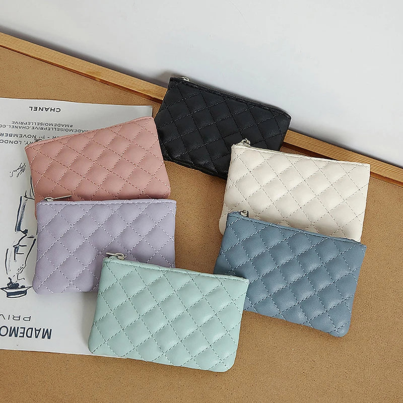 Portefeuille Femme Mini Cuir PU Zippé Imprimé Lattice - Porte-Monnaie Slim Porte-Carte Business Blanc
