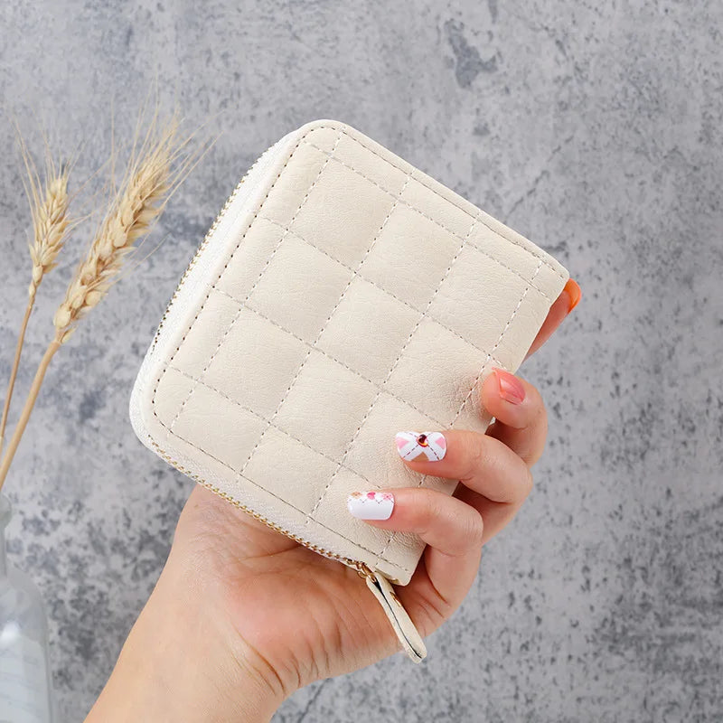 Portefeuille Court Femme Cuir PU à Carreaux - Petit Porte-Cartes Zip avec Porte-Monnaie
