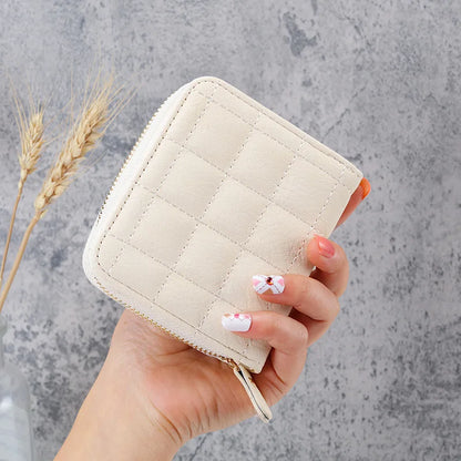 Portefeuille Court Femme Cuir PU à Carreaux - Petit Porte-Cartes Zip avec Porte-Monnaie
