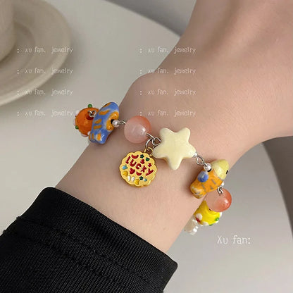 Bracelet Perles Chat Noir Cartoon Cœur Étoiles Strass – Charm Mignon Tendance Femme