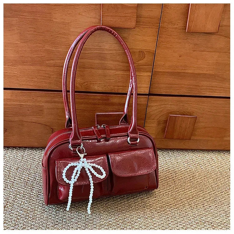 Sac à Bandoulière Femme Cuir PU Vintage - Grand Sac à Main Bordeaux pour Travail