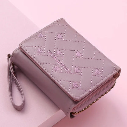 Portefeuille Femme Mignon Cœur Brodé Cuir PU - Trifold Multi-Cartes avec Porte-Monnaie
