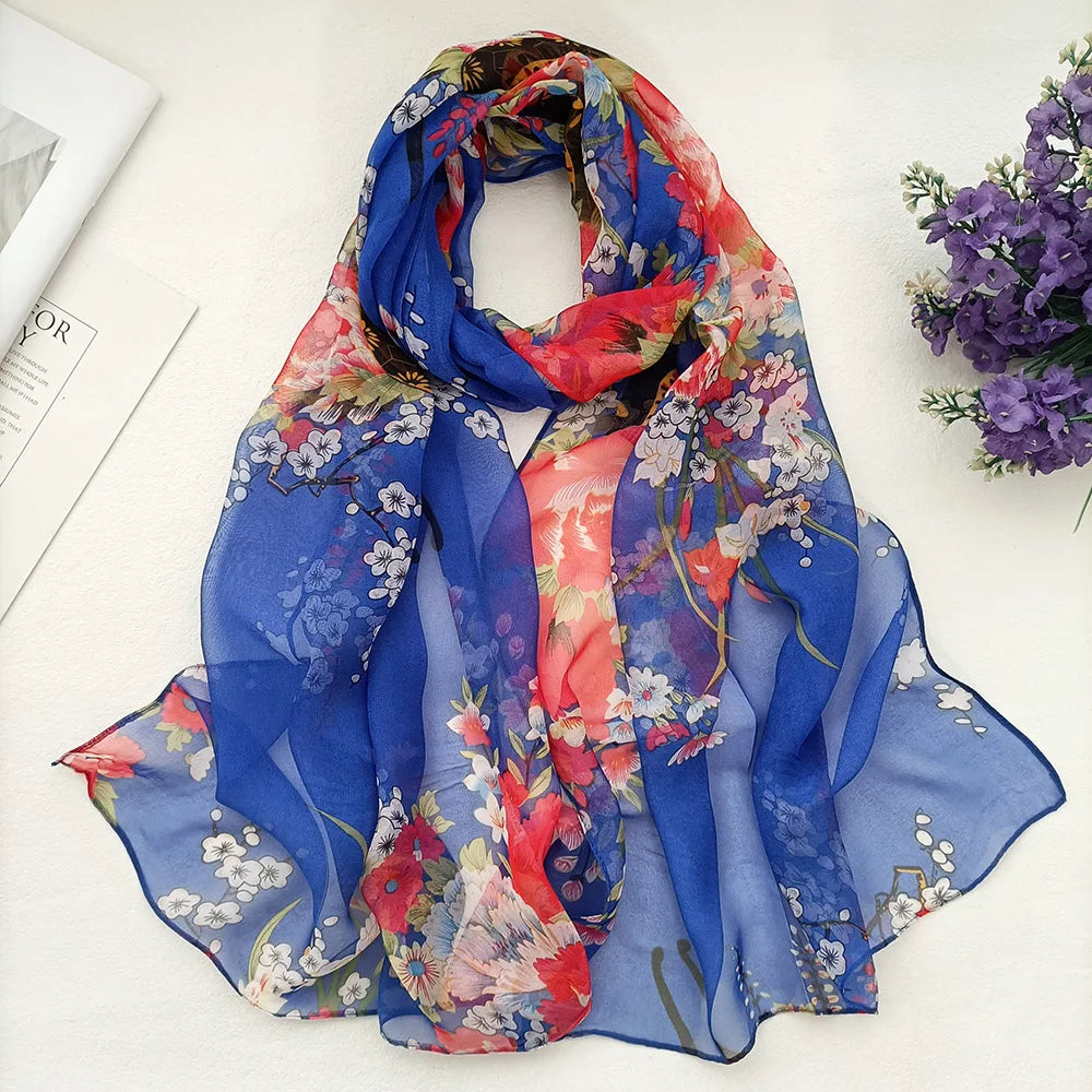 Foulard Écharpe Mousseline Georgette Femme Fleur Prune - Bandana Été Léger Respirant