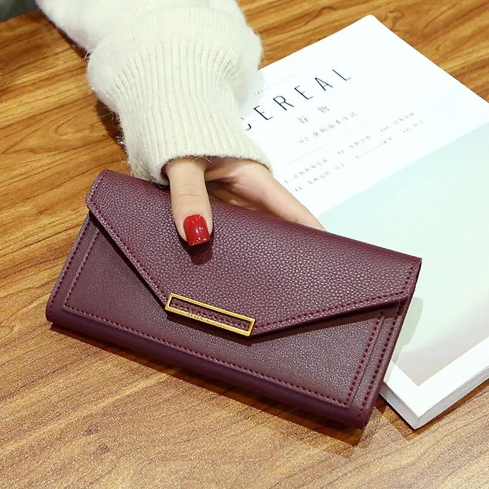 Portefeuille Femme Long Cuir PU Fermoir - Porte-Monnaie Clutch Téléphone 5 Couleurs Noir