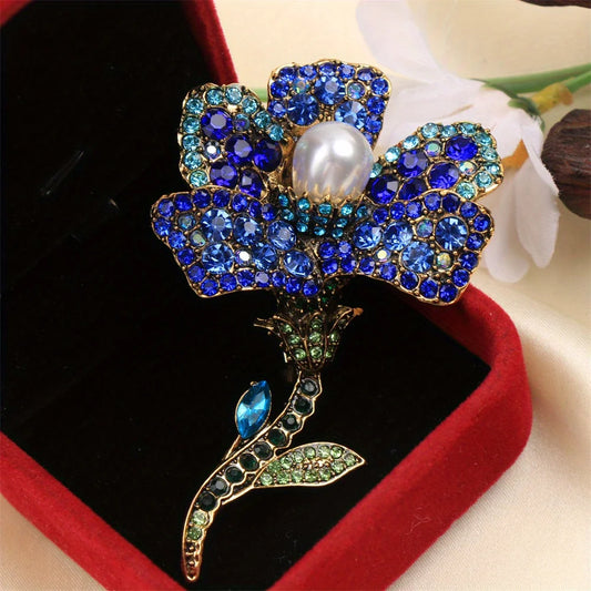 Broche Roses Bleues Baroque Luxueuse – Pin's Fleurs Élégant Unisexe Mariage