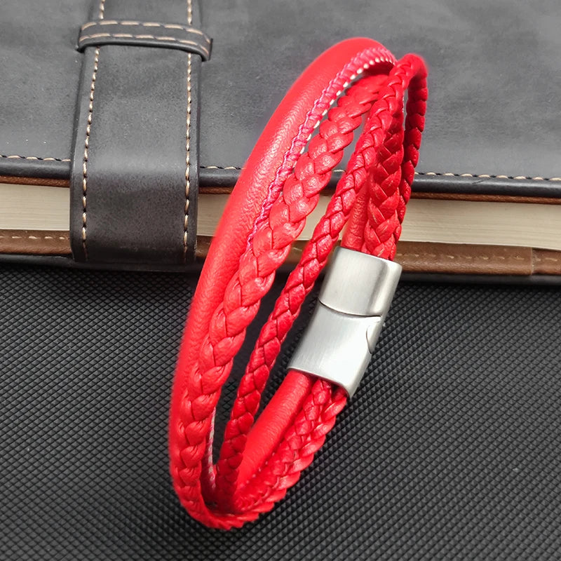 Bracelet Perles Cuir Rouge Tressé – Boucle Acier Inoxydable Unisexe