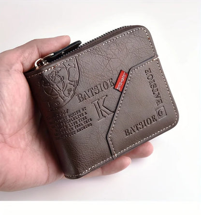 Portefeuille Homme Cuir PU Cire Huile - Court Porte-Monnaie Fermeture Éclair Porte-Cartes