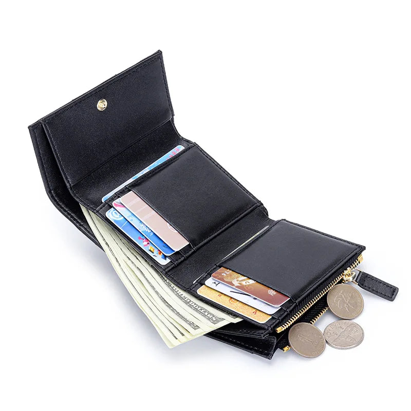 Portefeuille Femme Court Cuir Véritable Peau Mouton Tressé - Porte-Monnaie Trifold Zippé Grande Capacité Noir