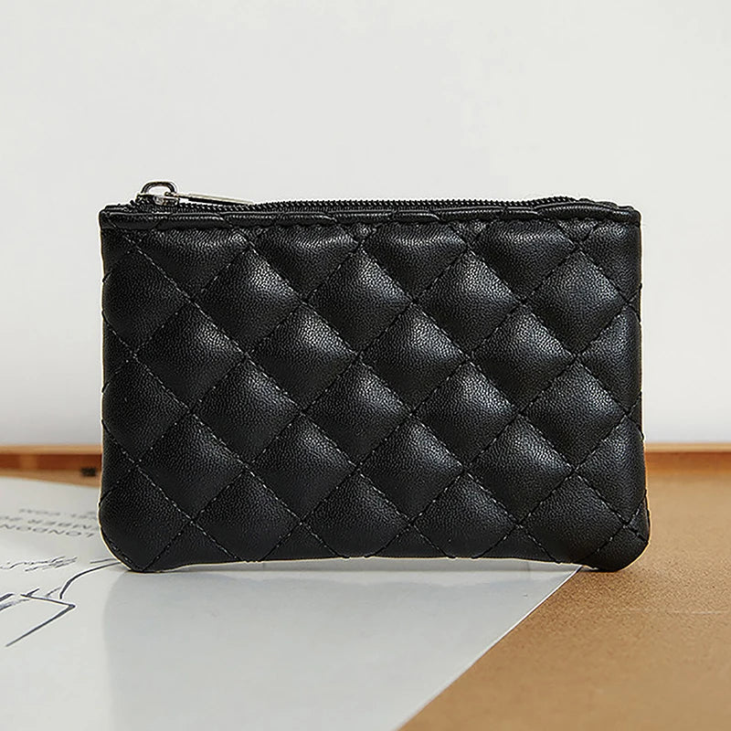Porte-Monnaie Femme Mini Cuir PU Fermeture Éclair - Pochette Cartes Motif Carreaux Blanc