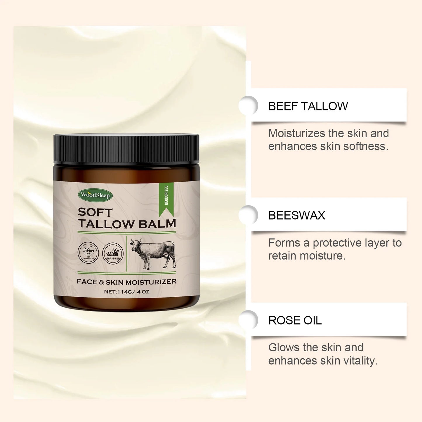 Crème Hydratante Suif de Bœuf 114g - Visage Corps Nourrissante Peau Sèche Grass-Fed Naturel Toutes Saisons