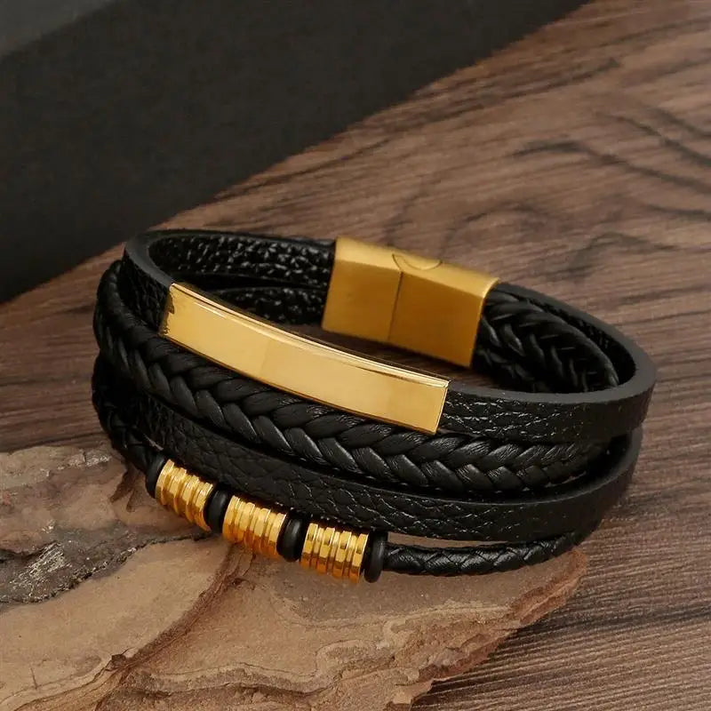 Bracelet en Cuir Tissé Main Multi-Couches pour Homme - Combinaison Classique Punk