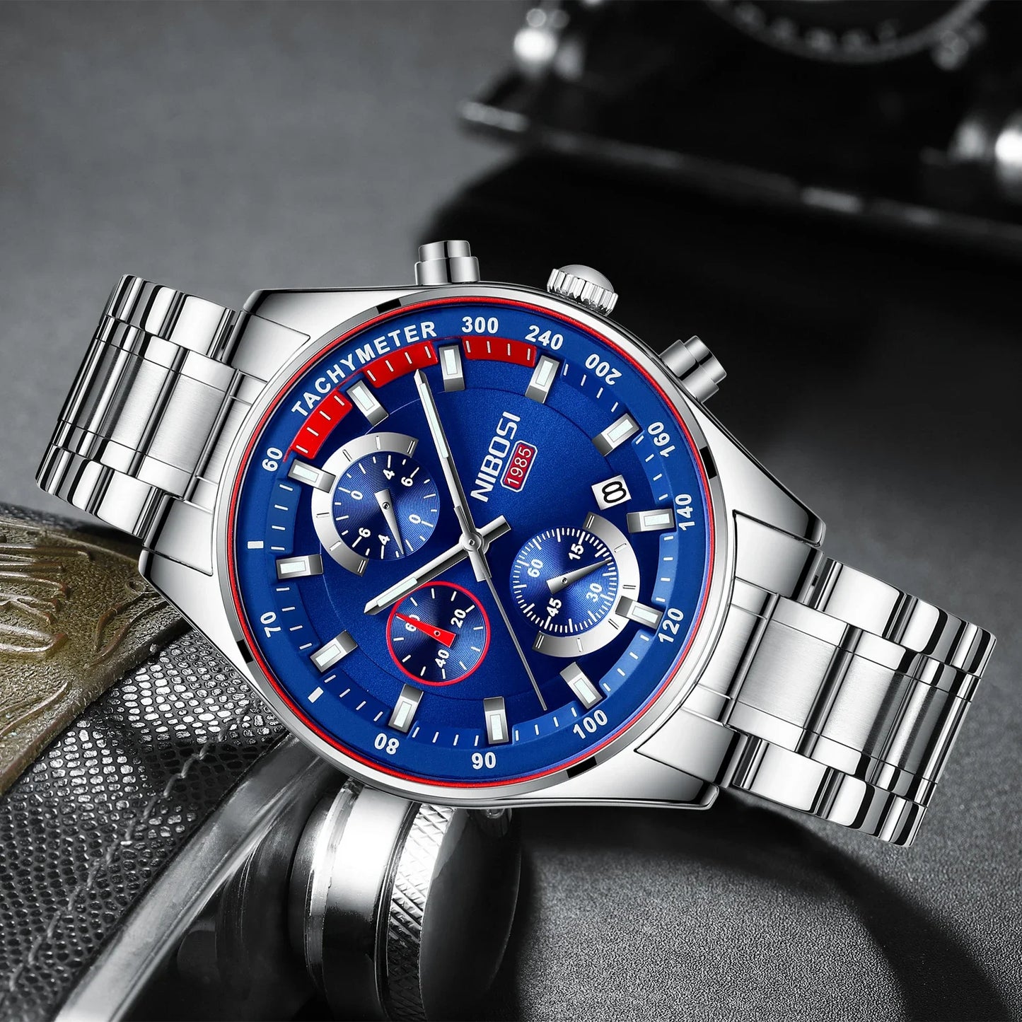 Montre Homme Luxe NIBOSI Chronographe Étanche 50M - Quartz Bleue Sport Élégante 2026