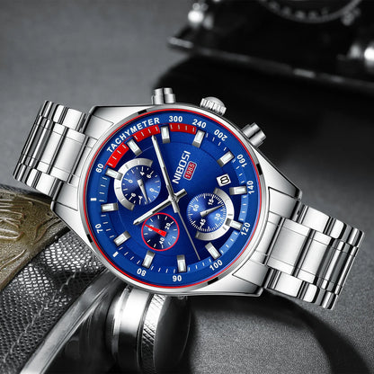 Montre Homme Luxe NIBOSI Chronographe Étanche 50M - Quartz Bleue Sport Élégante 2026
