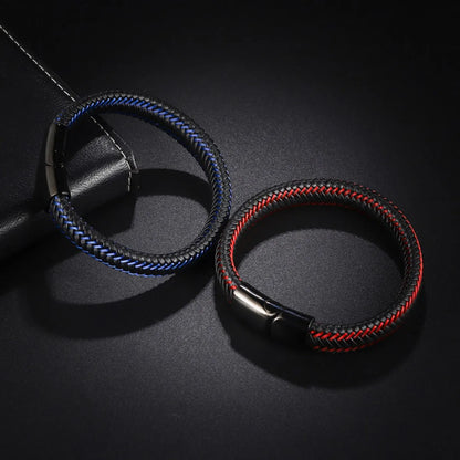 Bracelet en Cuir Tressé Noir et Rouge pour Homme - Fermoir Magnétique