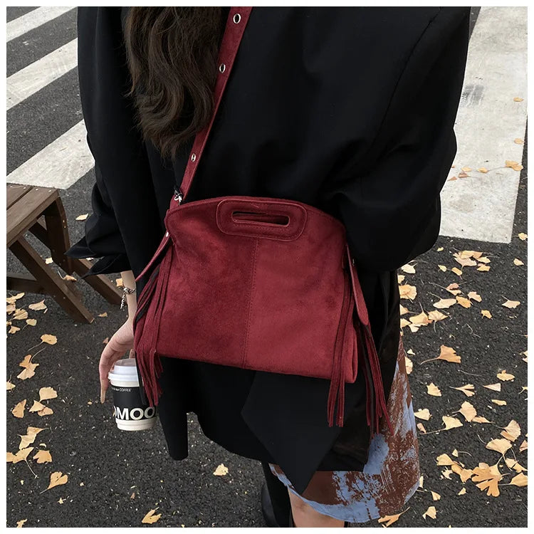 Sac à Main Femme Daim Vintage Style Français - Sac Bandoulière Épaule Glands Café