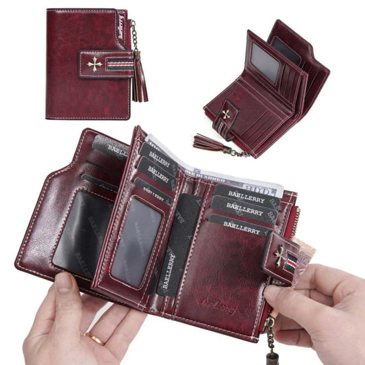 Portefeuille Femme Cuir Ciré Glands - Porte-Monnaie Tri-Fold Multi-Fentes Fermeture Éclair