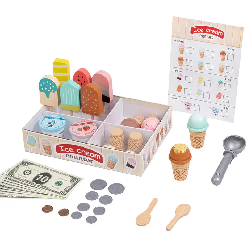 Comptoir de Crème Glacée en Bois - Jouet Montessori 40+ Pièces avec Monnaie pour Enfants 3-6 Ans